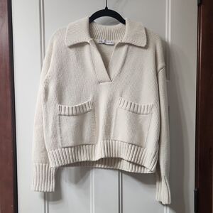 Zara Cream V-Neck Collared Knit Sweater